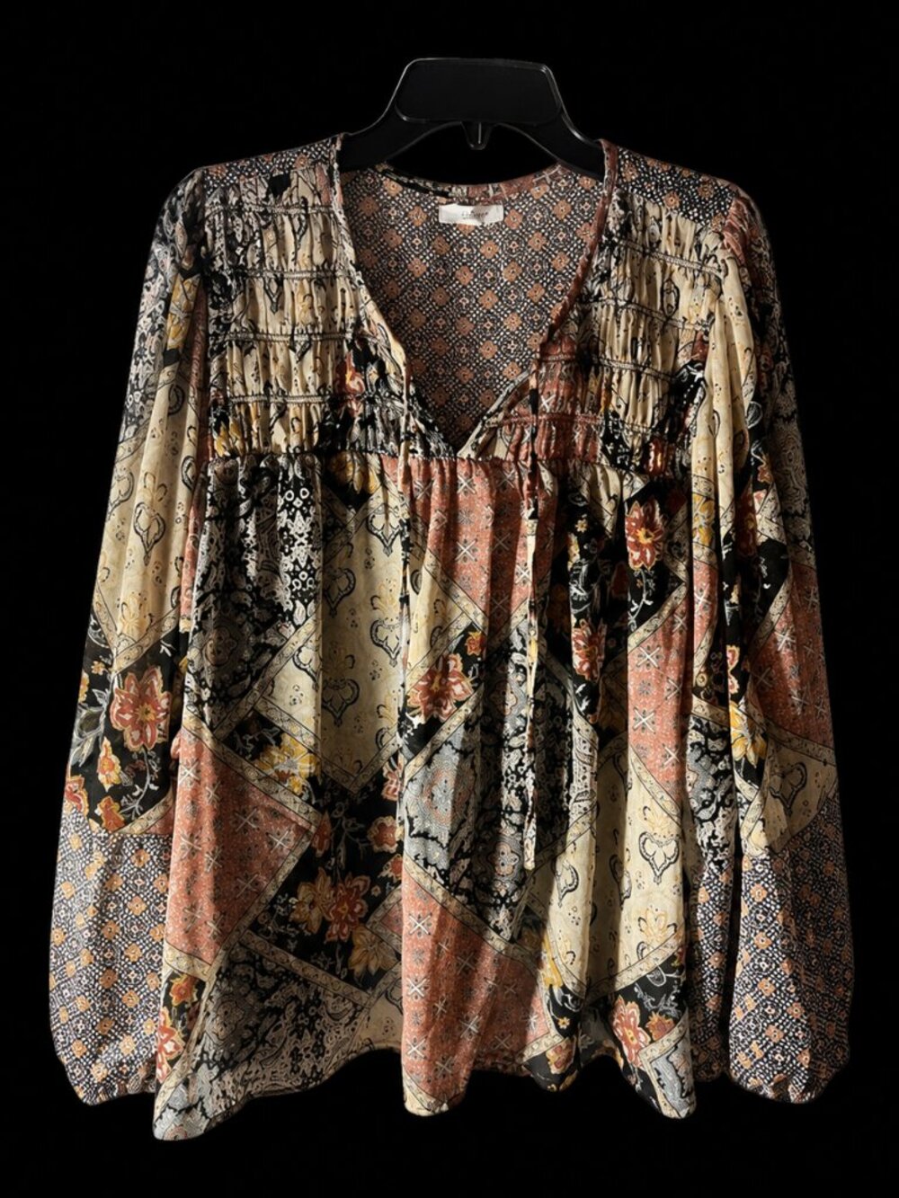 Maurice's Patchwork Boho Smocked Split Neck Balloon Sleeve Blouse Top
